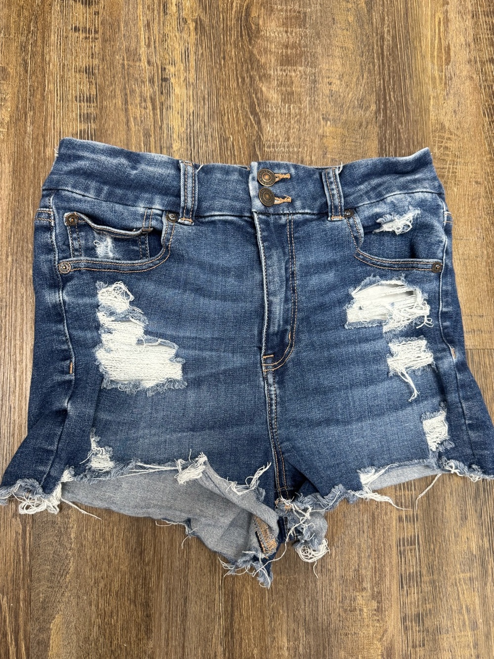 American Eagle High Rise Women’s Distressed Denim Shorts - Dark Blue Stretch 6